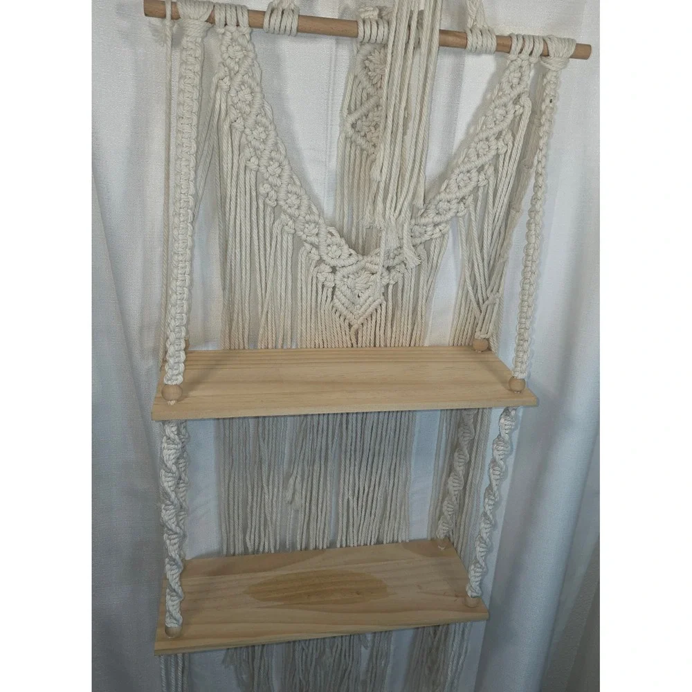 Boho Macrame Wall Hanging Shelf 2 Tier Wood Floating Plant Hanger Cream Cotton